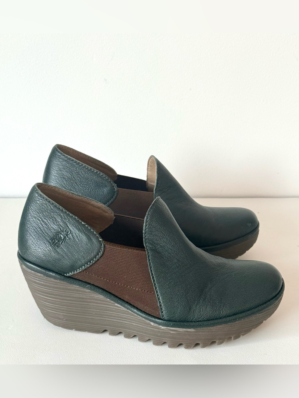 Fly London Leather Wedge Slip-On Shoes in Dark Green 38